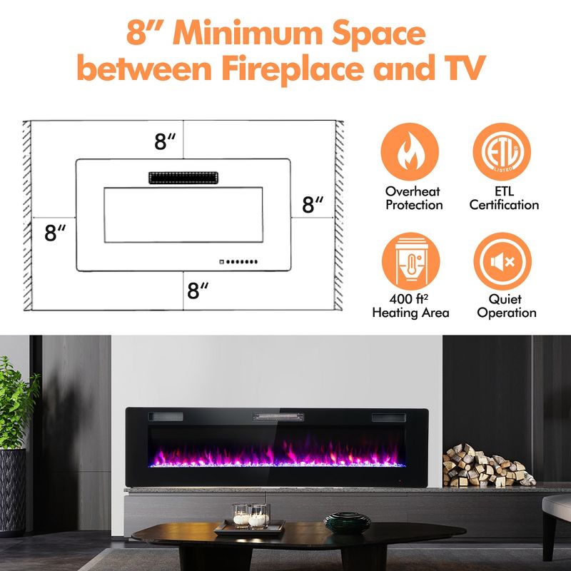 Costway 68'' Ultra-Thin Electric Fireplace Recessed Wall Mounted W/Crystal Log Decoration, 5 of 13