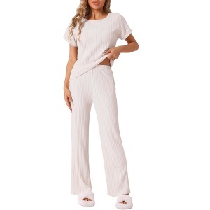 cheibear Women's Ribbed Knit Short Sleeve Round Neck Sweatsuit with Pants 2 Piece Pajama Set - 1 of 4