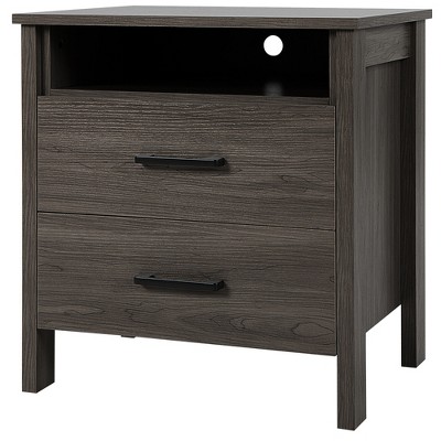 Costway Nightstand Drawers Rustic Side End Table Storage Compartment Cable Hole Oak\Walnut