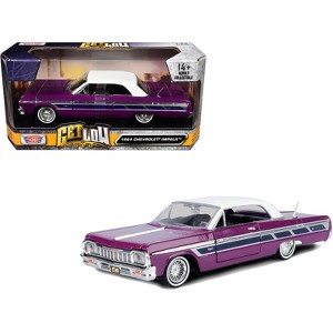 1964 Chevrolet Impala Lowrider Hard Top Purple Metallic with White Top "Get Low" Series 1/24 Diecast Model Car by Motormax - 1 of 3