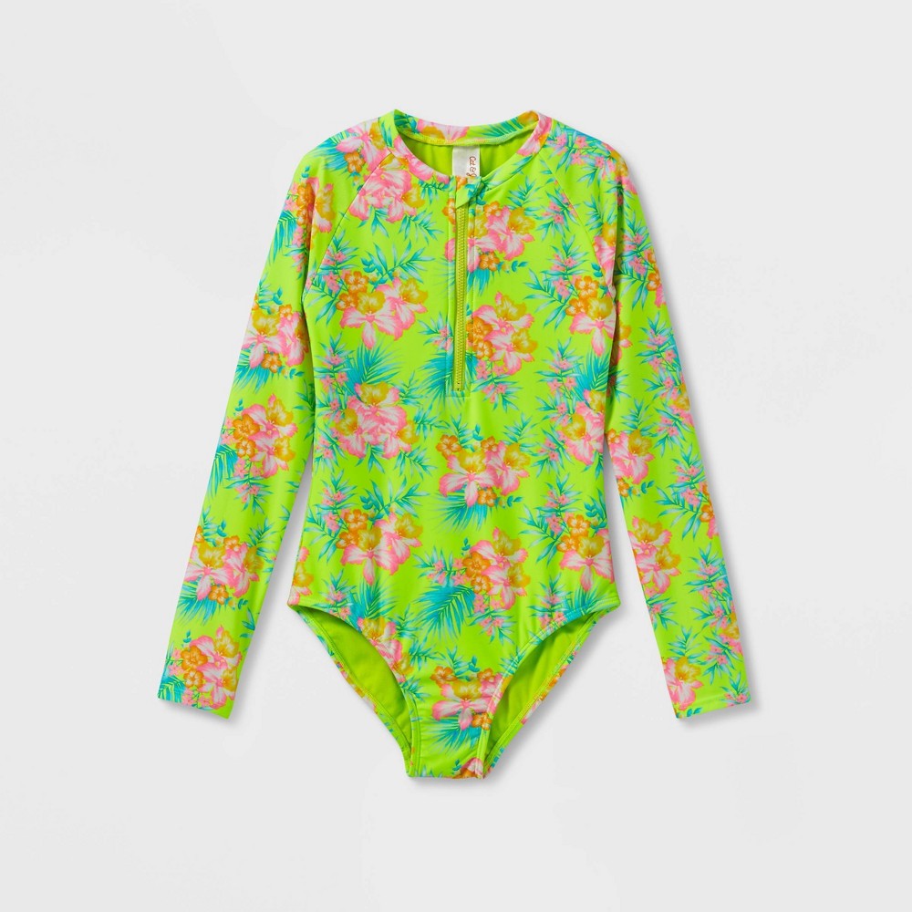 Girls' 'Tropic Love' Long Sleeve One Piece Rash Guard - Cat & Jack Lime Green 10/12