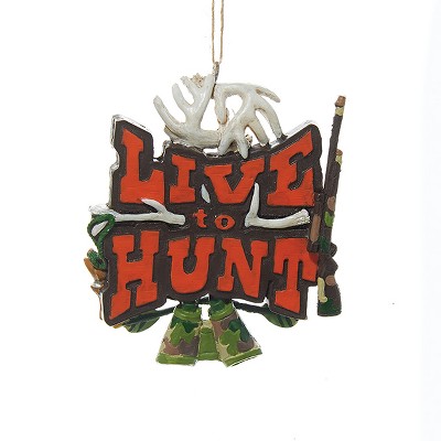 Kurt S. Adler 3.5" "Live to Hunt" Sign with Rifle Antlers and Binoculars Christmas Ornament - Brown/Orange