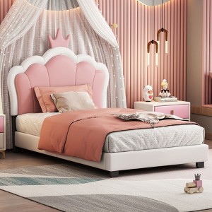 NicBex Twin Size Princess Upholstered Bed Frame with Crown-Shaped Headboard for Girls,Solid Wood Slats Support,Easy Assembly,White+Pink/Pink+White - 1 of 4