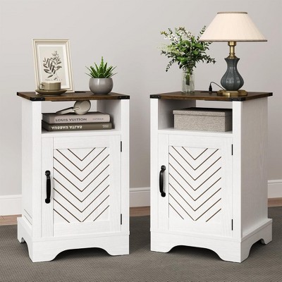 RoyalCraft Farmhouse Nightstand with Charging Station, Rustic End Table with Shelf & Storage for Bedroom or Home Office, Set of 2, White & Rustic Oak