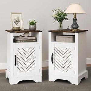 RoyalCraft Farmhouse Nightstand with Charging Station, Rustic End Table with Shelf & Storage for Bedroom or Home Office, Set of 2, White & Rustic Oak - 1 of 4