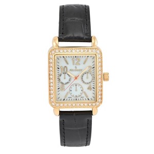 Peugeot Women's 14K Gold Plated Square Dress Watch with European Crystals and Black Leather Band - 1 of 4