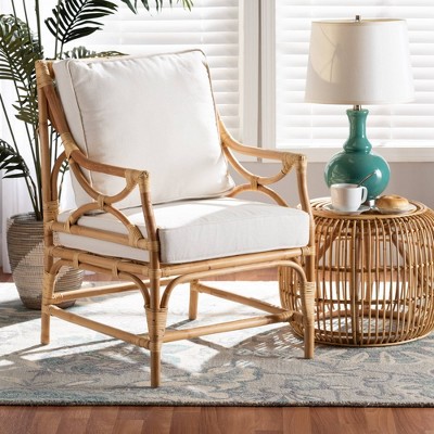 Natural Brown Rattan Armchair with White Cushions