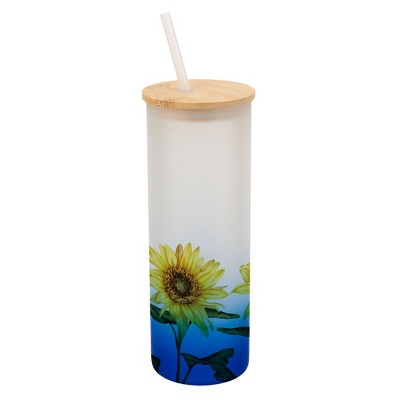 Elanze Designs Happy Yellow Sunflowers Flower Garden Wrap-Around Design 25 Ounce Frosted Gradient Glass On-The-Go Coffee Travel Skinny Tumbler Mug