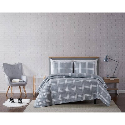 Truly Soft Everyday Twin Extra Long Leon Plaid Quilt Set Gray