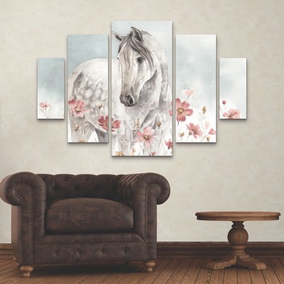 Wild Horses I 5-Piece Canvas Set with Pink Flowers