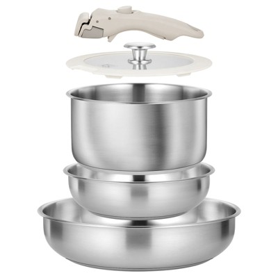 KOCH SYSTEME CS 7pc Stainless Steel Cookware Set，Pots and Pans with Detachable Handle , Silver