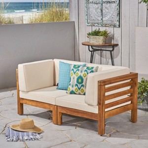 Christopher Knight Home Oana Outdoor Acacia Wood Loveseat with Cushions - 1 of 4
