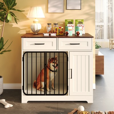 37.4" Dog Crate Furniture, Chew-Resistant Dog Kennel with 2 Drawers and Storage Cabinet, Decorative Dog Cage Side End Table for Small/Medium Dogs
