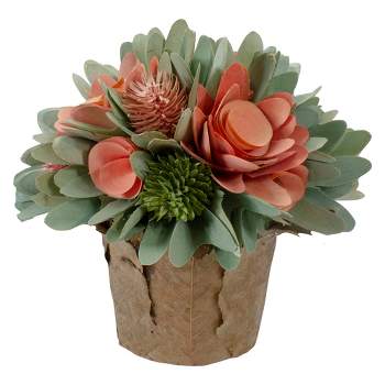 Northlight 7.75" Pink and Green Wooden Floral Artificial Potted Centerpiece