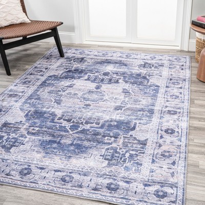 Navy/Cream Medallion Washable Synthetic Area Rug 5' x 8'