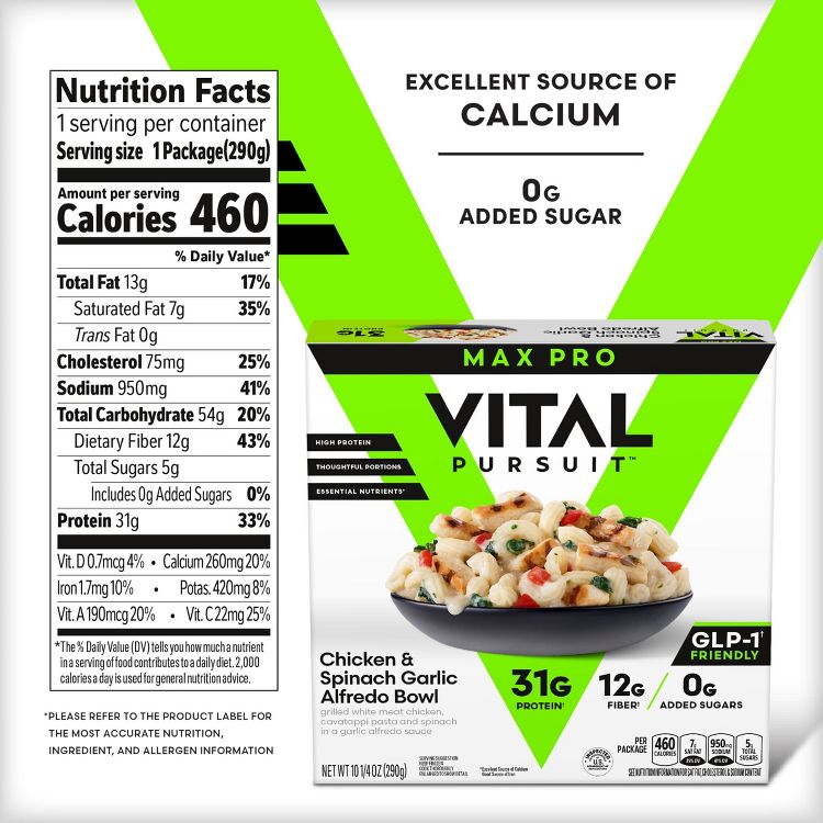 Vital Pursuit Chicken & Spinach Garlic Alfredo Bowl Protein Meals Frozen Bowls 10.25oz, 6 of 7