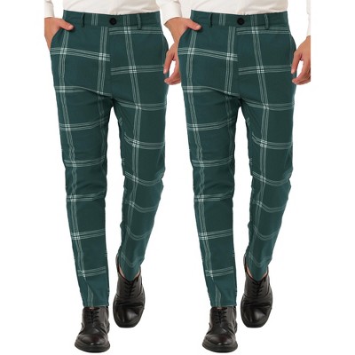 Lars Amadeus Men's Slim Fit Flat Front Plaid Printed Casual Trousers 2 Packs