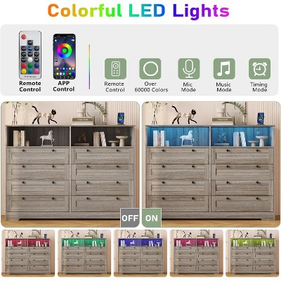 Jojoka 8 Drawer Dresser for Bedroom, 55" Tall Wood Dresser with Power Outlet & LED, Modern Chest of Drawers TV Stand for Living Room, Entryway