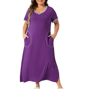 Agnes Orinda Women's Plus Size V Neck Short Sleeve Slit with Pockets Soft Long Nightgowns - 1 of 4