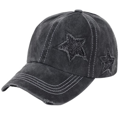 Anna-Kaci Women's Baseball Cap Glitter Star Distressed Ponytail Hat High Messy Bun Ponycap Trucker Dad Hat