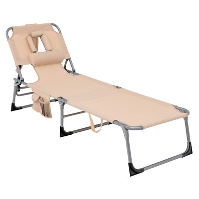 Tangkula Portable Beach Chaise Lounge Chair Folding Reclining Chair w/ Facing Hole Beige