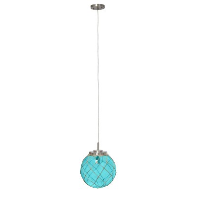 Aqua Sea Glass Globe Pendant with Brushed Nickel & Natural Rope Accent