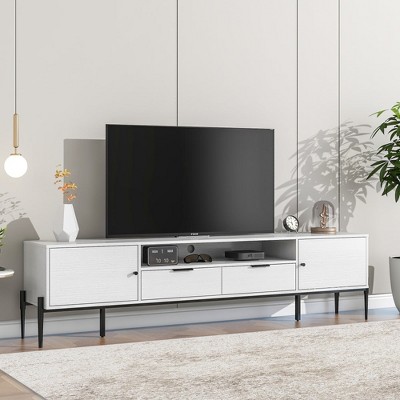 Chic Crate-Cloud White High Gloss Media Console – 75In TV Stand w/ Storage Shelves, Multi-Room Furniture