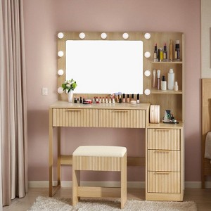 White Particle Board Veneered with Textured Melamine, 5-drawer 2-tier Shelf, comes with 11 Three-color Dimmable Bulbs, Dressing Table Set - 1 of 4