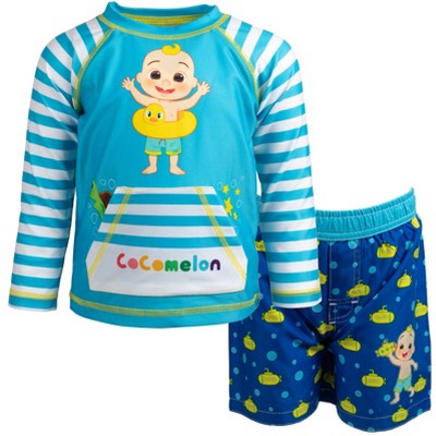 CoComelon JJ Infant Baby Boys Rash Guard and Swim Trunks Outfit Set Blue 24 Months