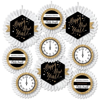 Big Dot of Happiness New Year's Eve - Gold - Hanging New Years Eve Party Tissue Decoration Kit - Paper Fans - Set of 9