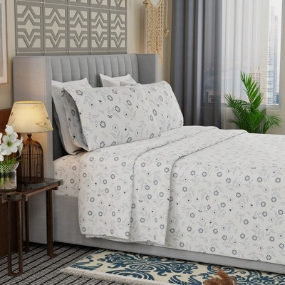 Gray Floral Cotton Blend Queen Percale Sheet Set