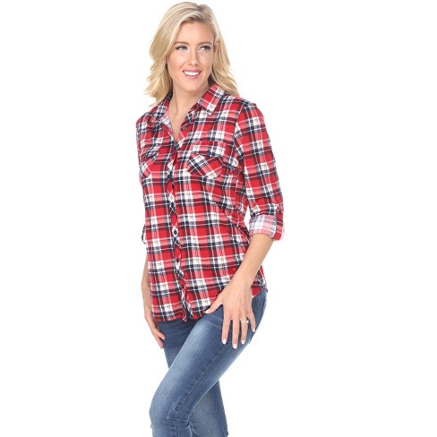 Women's Oakley Stretchy Plaid Tunic Top With Pockets Red/blue X Large - White  Mark : Target