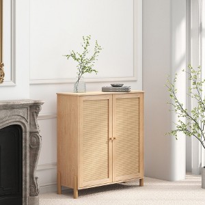 HDZNVF Mid Century Modern Storage Cabinet with Woven Rattan Doors & Adjustable Shelves, Natural - 1 of 4