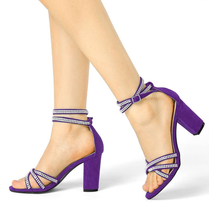 Allegra K Women's Rhinestones Strappy Chunky Heel, 2 of 8