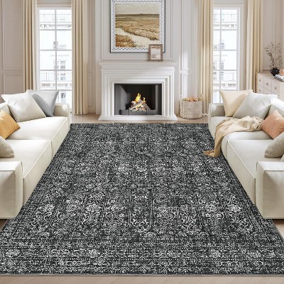 Washable Area Rugs Oriental Distressed Carpet with Non-Slip Backing, Traditional Floral Area Rug, Soft Vintage Printed Home Decor for Living Room