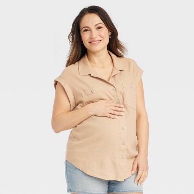 Image of Short Sleeve Linen Button-Up Maternity Shirt - Isabel Maternity by Ingrid & Isabel™ Taupe M