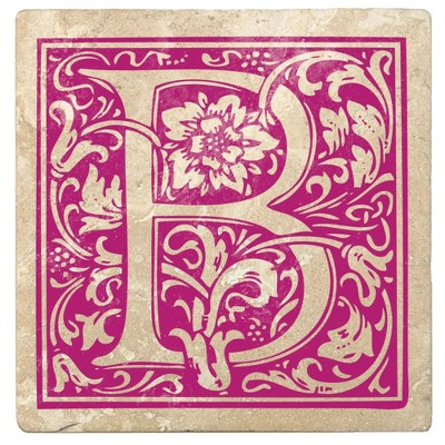 Christmas by Krebs 4pc Ivory and Tutti Frutti Pink Alphabet "B" Square Monogram Coasters 4"