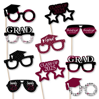 Big Dot of Happiness 2025 Maroon Graduation Glasses - Paper Card Stock Party Photo Booth Props Kit - 10 Count