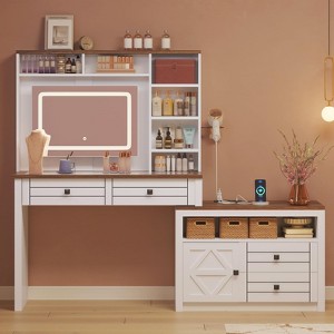 GustoWave Vanity Desk with Glass Top & Charging Station, Touch Screen Mirror and Lights, Makeup Vanity with 5-Drawer, 6 Open Storage Shelves, Antique - 1 of 4