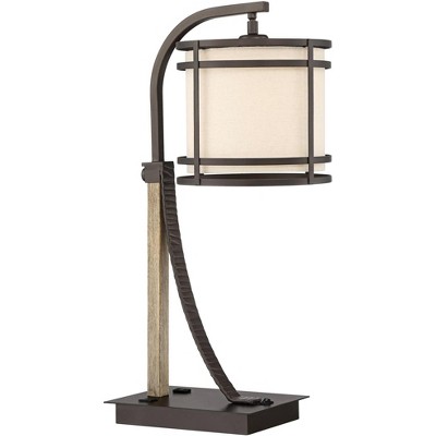 Franklin Iron Works Farmhouse Desk Table Lamp with USB and AC Power Outlet in Base Oiled Bronze Oatmeal Shade for Bedroom Office