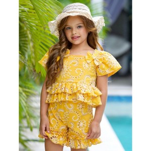 Golden Bloom Eyelet Puff Sleeve Top and Ruffle Shorts Set Mia Belle Girls - 1 of 4