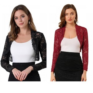 Allegra K Women's Elegant Sheer Floral Lace Crop Bolero Shrug 2 Packs - 1 of 4
