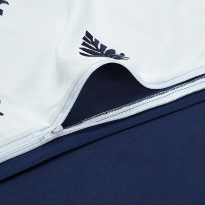 Navy and White Embroidered Microfiber Queen Duvet Cover Set