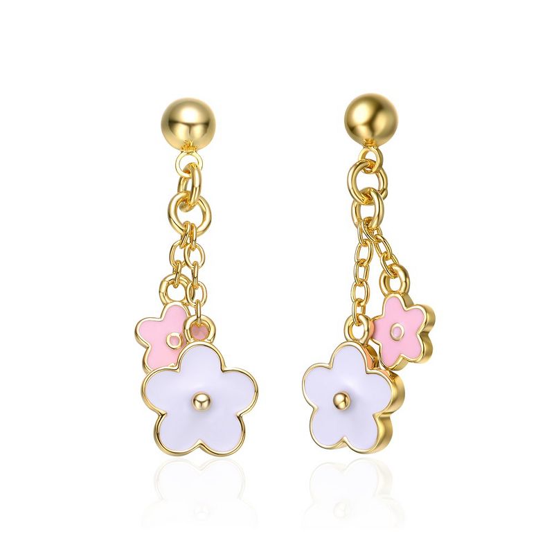 14k Yellow Gold Plated Drop Earrings with Two flowers having white and pink enamel for Kids, 1 of 3