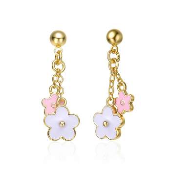 14k Yellow Gold Plated Drop Earrings with Two flowers having white and pink enamel for Kids