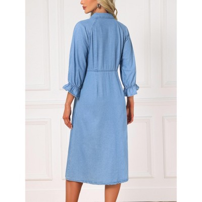 Женские платья INSPIRE CHIC Women's Denim Casual Ruffle Long Sleeve Button Down Midi Jean Shirt Dress Light Blue Medium — фото 4