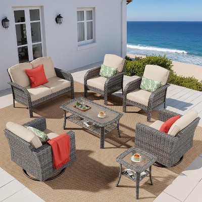 XIZZI Outdoor Wicker Sofa Set with Optional Swivel Chairs, 3.5" Cushions 5 Colors (Gray, Black, Navy, etc.), All-Weather Rattan, Modular 2-7 Pieces