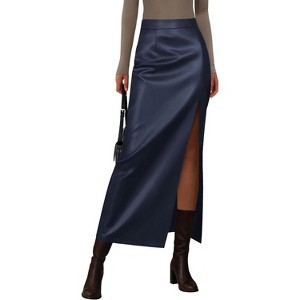 Women's 2025 Faux Leather Pencil Skirt - High Waist Slit Maxi for Office & Winter Fashion Navy Blue - 1 of 4
