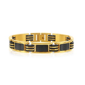 Metallo Mens Stainless Steel Black Rubber & Carbon Fiber Bracelet - Gold Plated - Gold - 8.5 Inch - 1 of 4