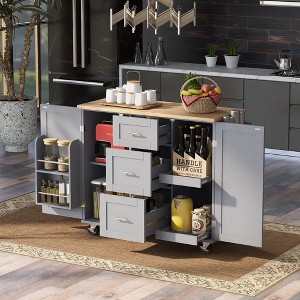 Kitchen Island, Rolling Storage Cabinet with 3 Drawers, Rubber Wood Top, Spice Rack, 2 Slide-Out Shelf - 1 of 4
